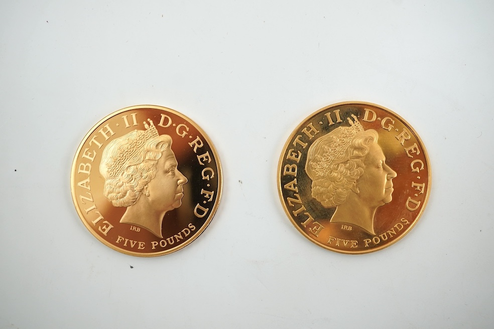 British gold coins, Elizabeth II, UK 2005 gold proof commemorative two crown set, commemorating 200th anniversary Nelson-Trafalgar, 21 October 1805, in case of issue with certificate